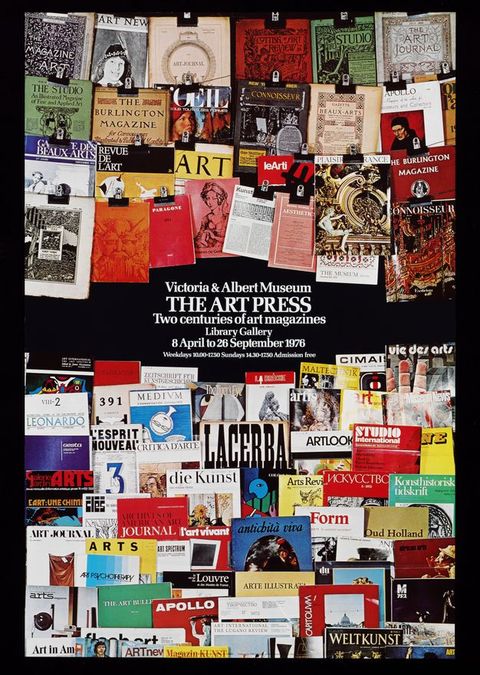 Poster. About seventy journal covers are clipped to wires across the top or stacked below. Most of the covers are brightly coloured. Titles are in English, German, and French, among others. Text is in white against the black background at the centre of the poster.