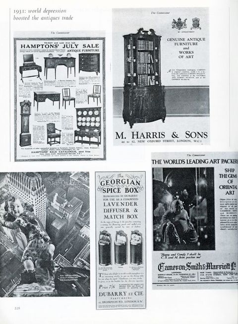 Page from a periodical. Five ads reproduced in black and white are arrayed on a page.