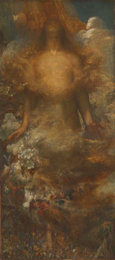 Painting. A woman’s head and chest emerges from a cloudy, golden haze in the top half of this painting. Swirling mist is lined with birds and flowers.