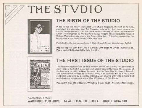 Ad. Two issues are illustrated and accompanied by text. The first entry reads, “The Birth of the Studio” and the second “The First Issue of the Studio”.