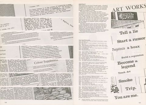 Pages of a periodical. The left page has seven horizontal strips of found text. The right page is harder to follow. The left half of that page has two texts in a column. The right half has scraps of text, either assembled or found, that together read “Art Works Johnny Appleseed Art Tell a lie Start a rumor Perpetrate a hoax Build a reputation Become a legend Teach Art Smoke Trip. You are me.”