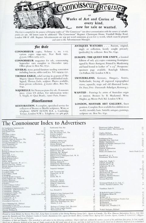 Page from a periodical. An illustration of a man inspecting an open book is next to a banner reading “Connoisseur Register”. A list of works for sale and services follows above “The Connoisseur Index to Advertisers”.