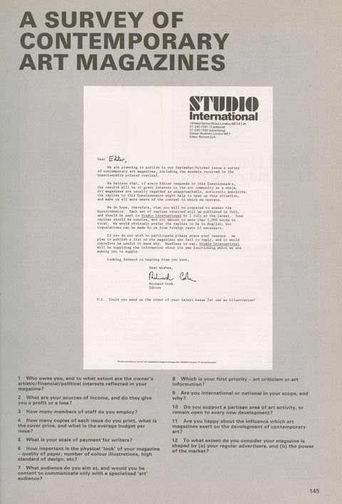 Page from a periodical. A typewritten letter on Studio International letterhead is reproduced with the salutation and signature penned in. Twelve questions printed in black against a grey background are listed below.