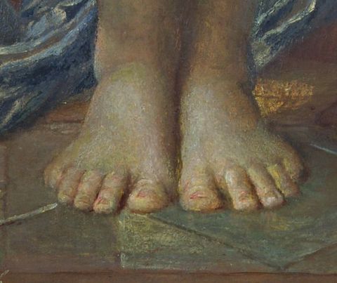 Painting. Detail view of a pair of pale-skinned feet. The feet are together and the toes come towards us in front of a blue cloth. The surface is finely textured.