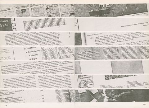 Pages of a periodical. Seven bands of text and images span this spread. Each band is separated by a narrow white margin, and the images change at the binding down the middle. Some include images or designs.