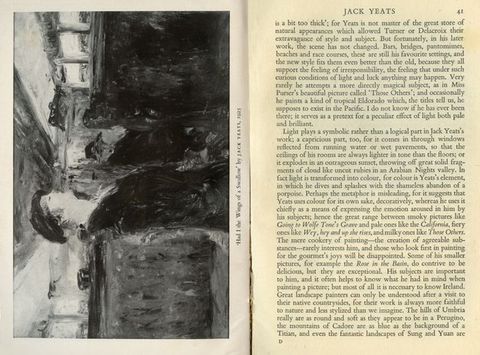 Pages of a book. A loosely painted scene is reproduced sideways on the left page, with the caption, “‘Had I the Wings of a Swallow’ by Jack Yeats, 1925”. Text fills the right page.