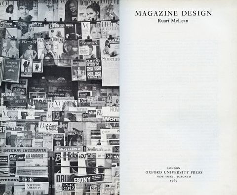 Pages of a book. A black and white photograph to our left is of a densely stacked magazine stand. The title is printed on the right page.