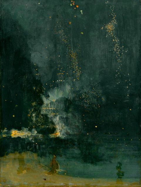 Painting. A haze of sombre blue, green, and tan, with a few touches of yellow, is speckled with yellow and gold.
