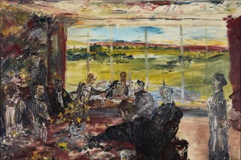 Painting. Eight people gather around a long table in front of a wall of windows. A woman stands to one side and a man to the other. The landscape is of rolling hills and a nascent sunset sky. The scene is loosely painted so details are vague.
